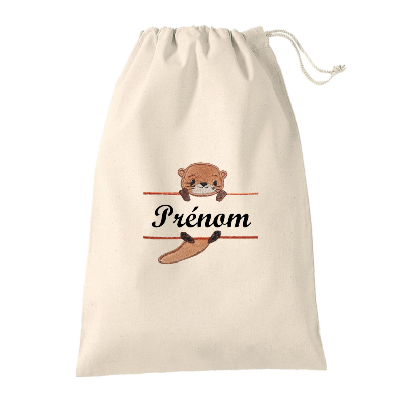 Pochon en coton écru brodé loutre fabriqué dans le Vaucluse