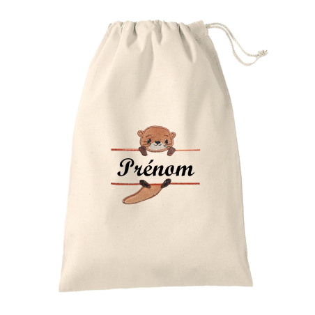 Pochon en coton écru brodé loutre fabriqué dans le Vaucluse