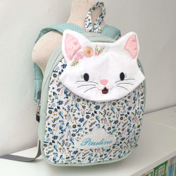 Sac à dos maternelle chat blanc aux fleurs roses brodées en Provence