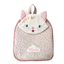 Sac à dos maternelle chat blanc aux fleurs roses brodées en Provence