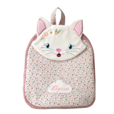 Sac à dos maternelle chat blanc aux fleurs roses brodées en Provence