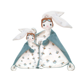 Doudous parent et bébé lapins aviateurs brodés personnalisables cousus en Luberon