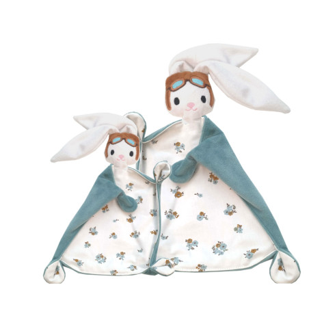 Doudous parent et bébé lapins aviateurs brodés personnalisables cousus en Luberon
