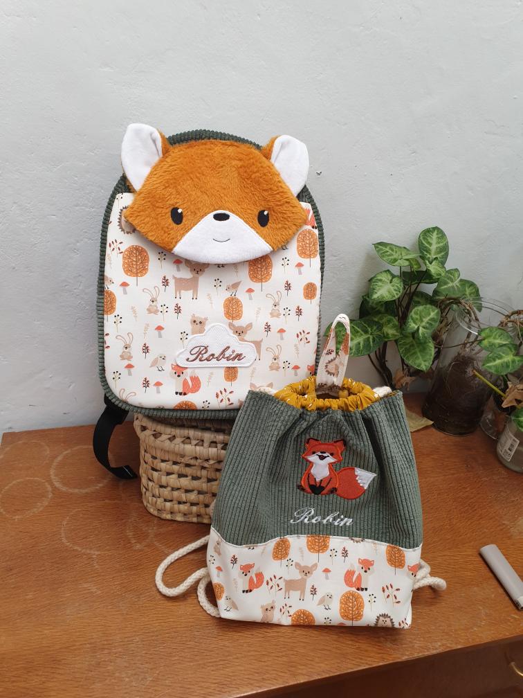 Sac à dos zippé et sac à doudou coulissant renard roux