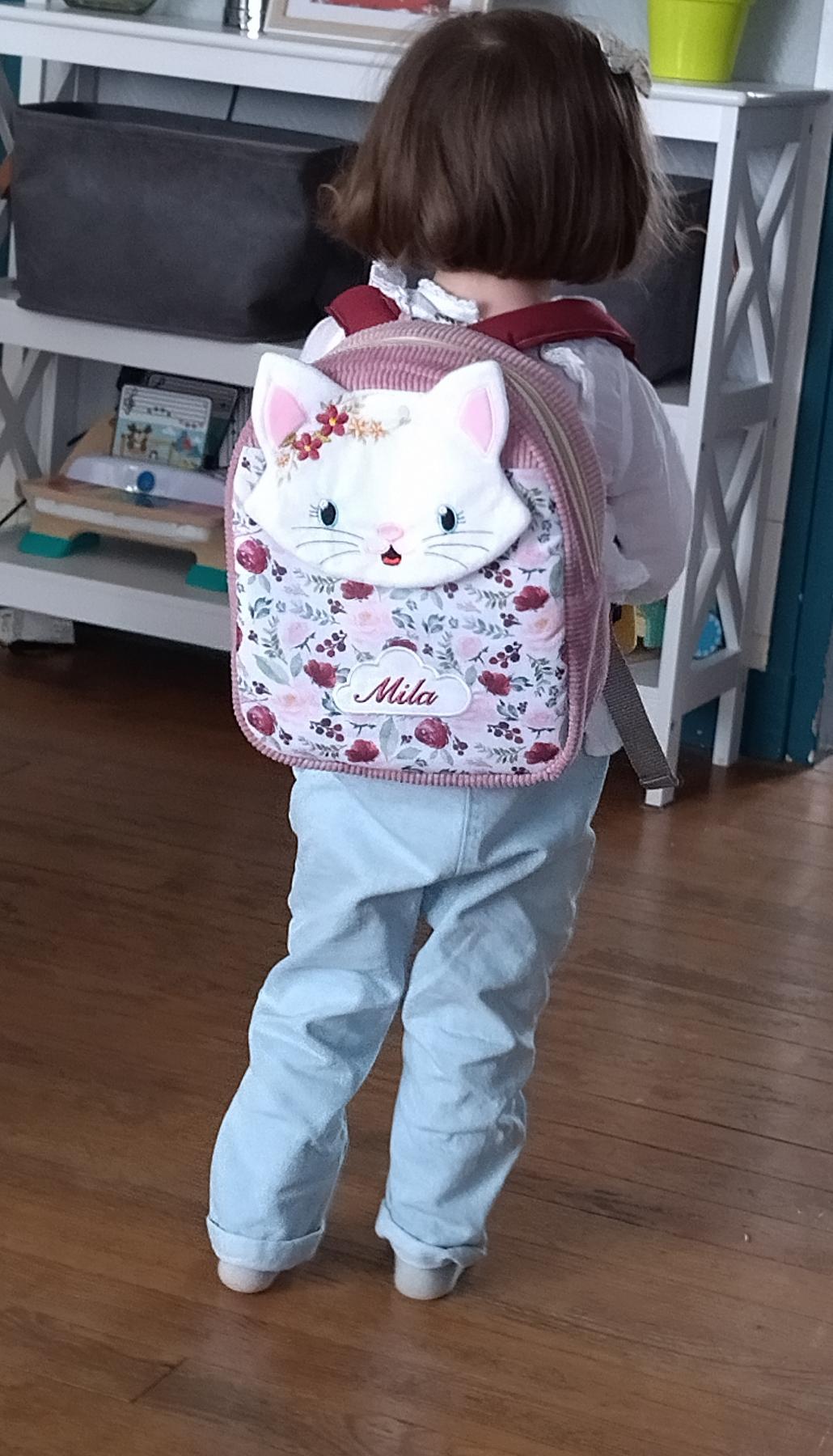 Sac à dos chat fleurs grenat