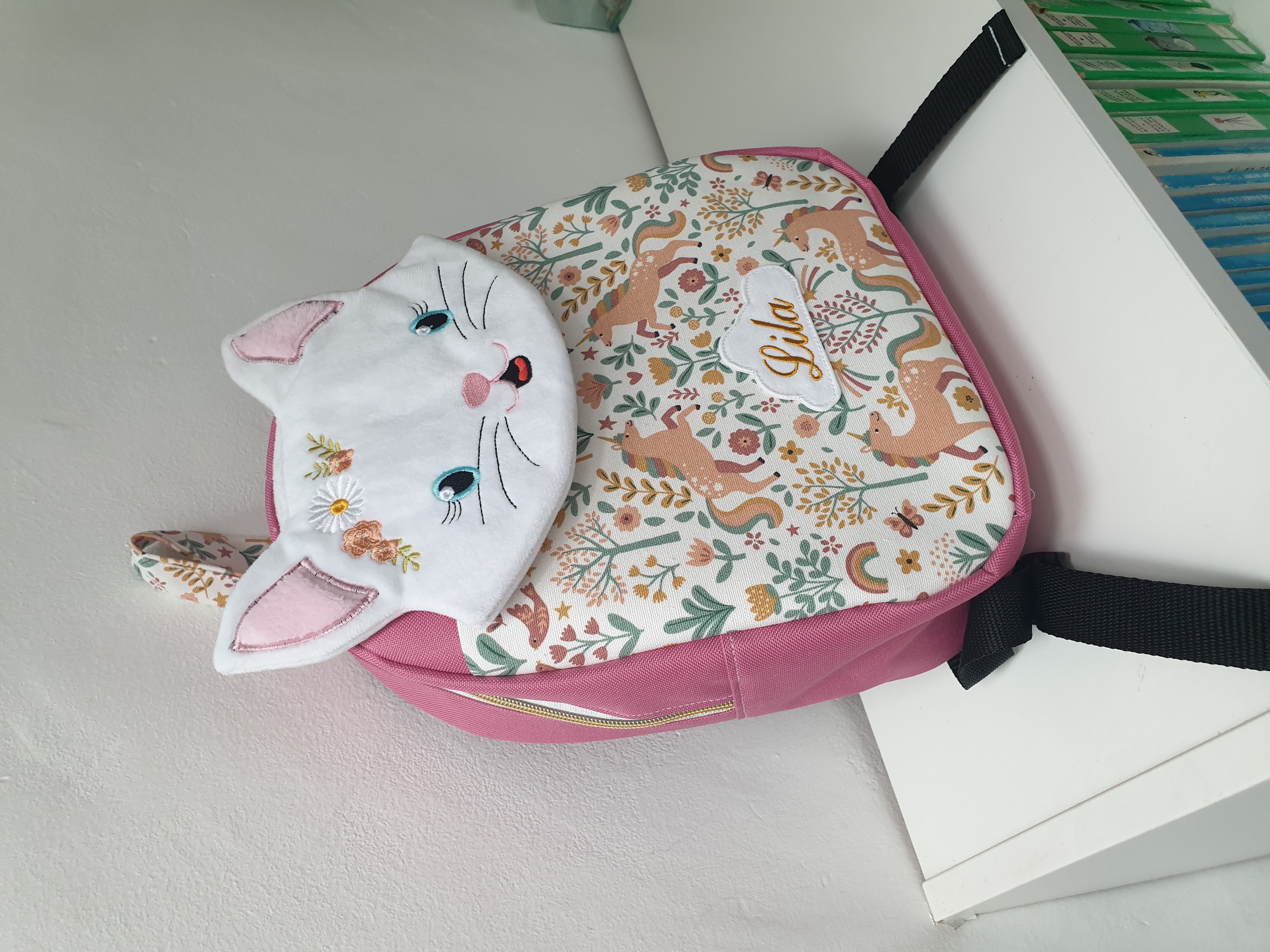Sac à dos chat tissu rose déperlant